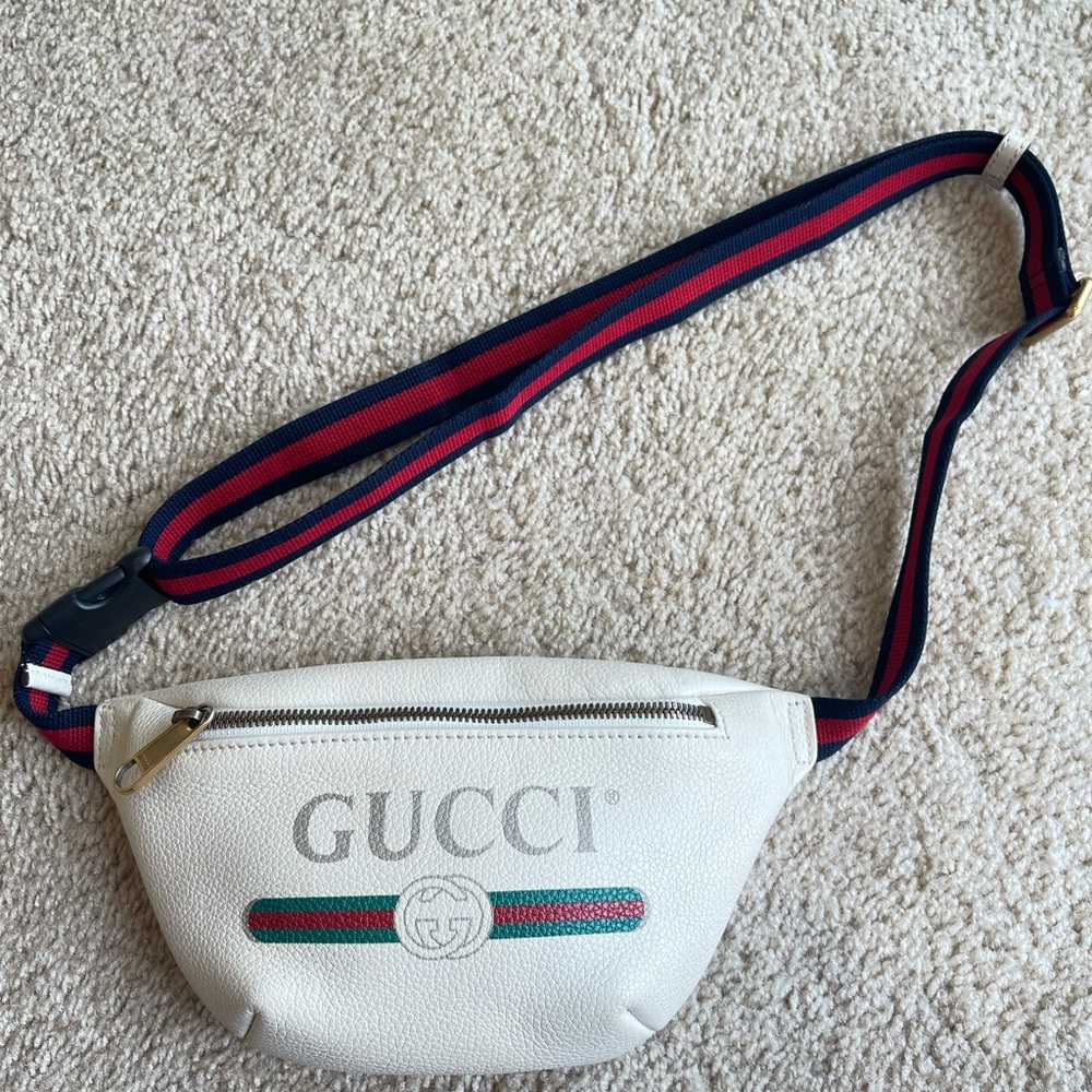 Gucci White Belt Bag with Red and Green Accents